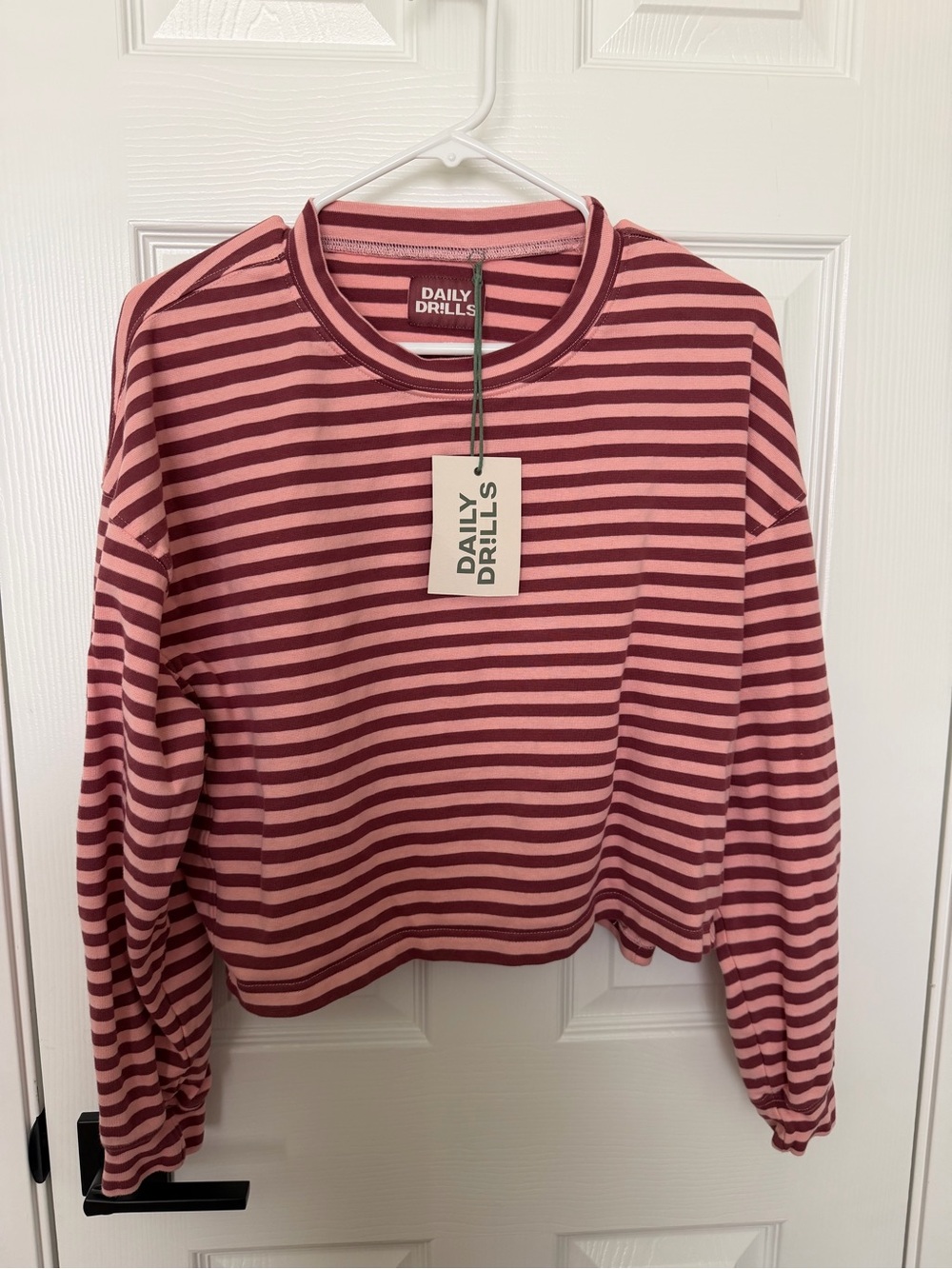 Daily Drills Pink and Burgundy Striped Cropped Crewneck Sweatshirt